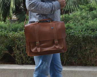 Brown Leather Briefcase, Leather Laptop Bag, Men's Messenger Bag, 17'' Laptop Bag, Office Bag, Gift for Him, Made From Full Grain Leather.