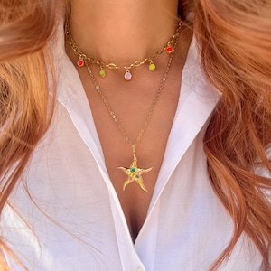 Gold Starfish Necklace, Stainless Steel Necklace, Gold Stones Neckalce, Layerings Necklaces, Beach Necklace, Gift for Her, Made in Greece. zdjęcie 2