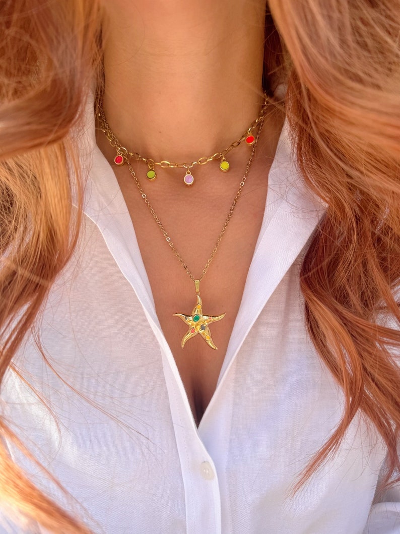 Gold Starfish Necklace, Stainless Steel Necklace, Gold Stones Neckalce, Layerings Necklaces, Beach Necklace, Gift for Her, Made in Greece. zdjęcie 2