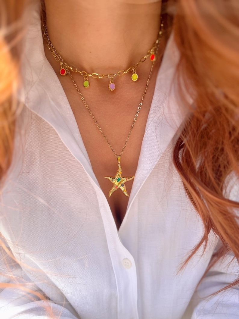 Collar de estrella de mar de oro, collar de acero inoxidable, collar de piedras de oro, collares de capas, collar de playa, regalo para ella, hecho en Grecia. imagen 4