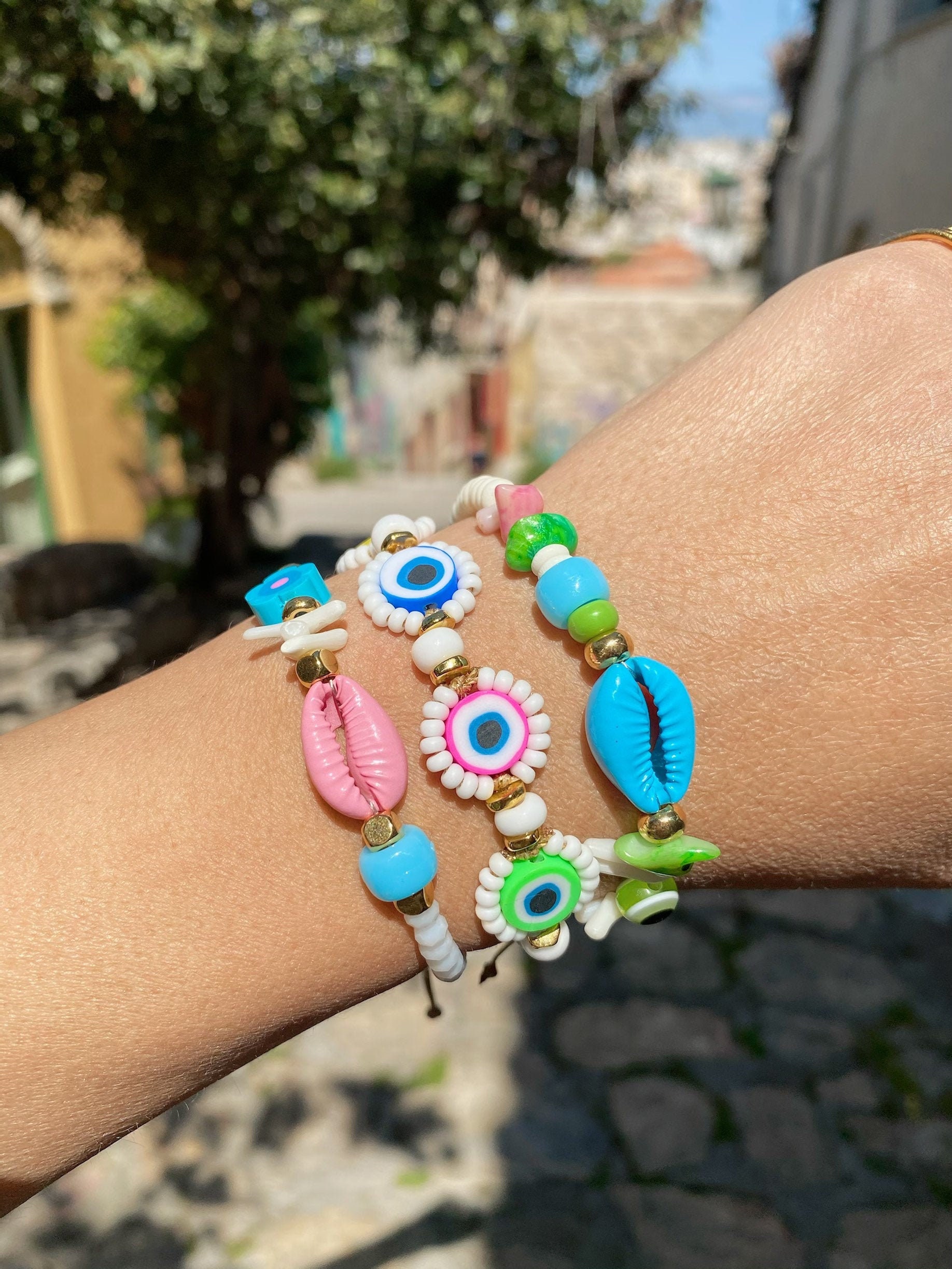 Bunte Muschel Armband elastische böhmische Lehm Perlen Armbänder Schmuck J3S4 Bunte Muschel Armband elastische böhmische Lehm Perlen Armbänder Schmuck J3S4