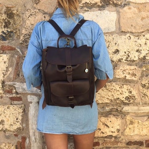 Leather Rucksack, Women's Rucksack, Leather Backpack Women, Office Bag, Travel Bag, Made in Greece from Full Grain Leather, LARGE. Dark Brown