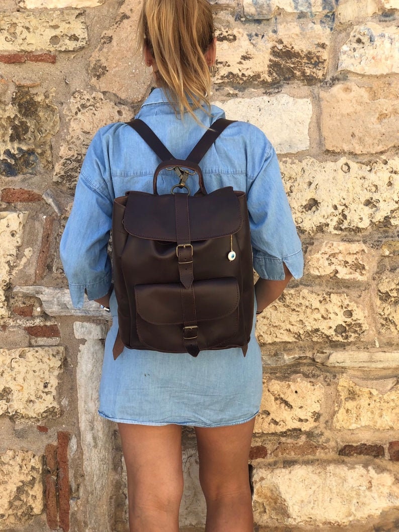 Leather Rucksack, Women's Rucksack, Leather Backpack Women, Office Bag, Travel Bag, Made in Greece from Full Grain Leather, LARGE. Dark Brown