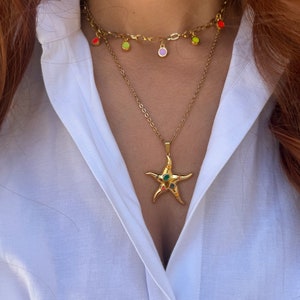 Collana con stella marina d'oro, collana in acciaio inossidabile, collana con pietre d'oro, collane a strati, collana da spiaggia, regalo per lei, prodotto in Grecia. immagine 7