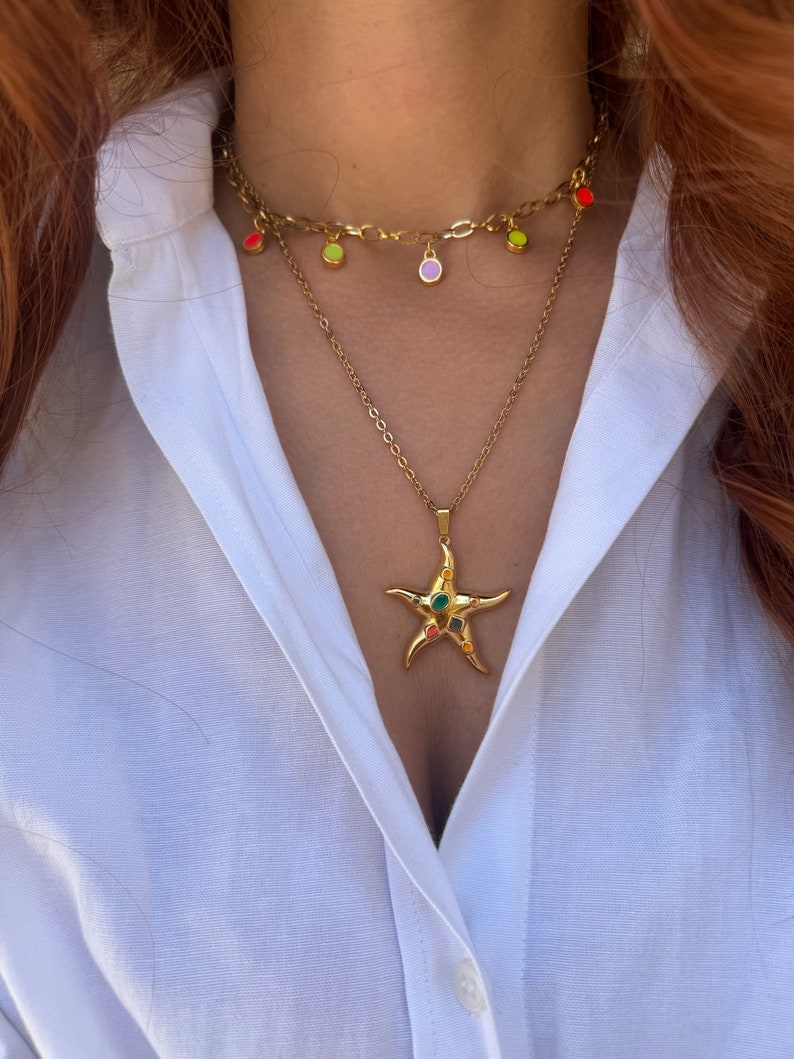 Gold Starfish Necklace, Stainless Steel Necklace, Gold Stones Neckalce, Layerings Necklaces, Beach Necklace, Gift for Her, Made in Greece. zdjęcie 7
