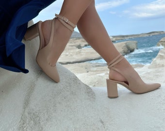 Nude Heeled Sandals, Leather Block Heels, Heeled Shoes, High Heel Sandals,  8 cm Heels, Gift for Her, Made From Full Grain Leather in Greece