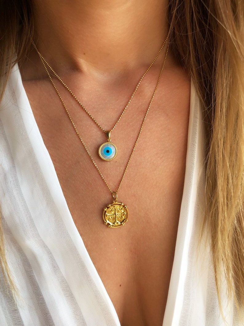 Gold necklace evil eye necklace disc necklace circle etsy