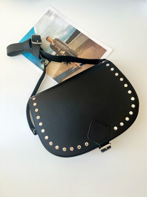 Black Leather Bucket Bag, Studded Leather Bag, Shoulder Purse, Crossbody Bag, Made from Full Grain Leather in Greece - Rock It