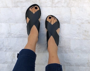 Sandalias Slingback, Sandalias de Cuero Negro, Sandalias X, Sandalias Criss Cross, Regalo para Ella, Hechas de Cuero 100% Genuino.