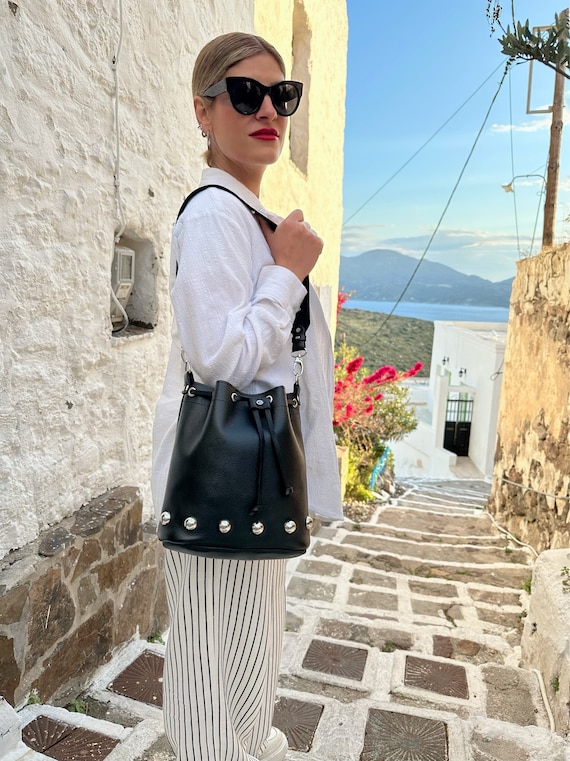 Black Leather Bucket Bag, Studded Leather Bag, Shoulder Purse, Crossbody Bag, Made from Full Grain Leather in Greece - Rock It