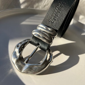 Black Leather Belt, Women Leather Belt, Waist Belt, Silver Buckles, Made from Real Genuine Leather, Made in Greece - Rivers Waves