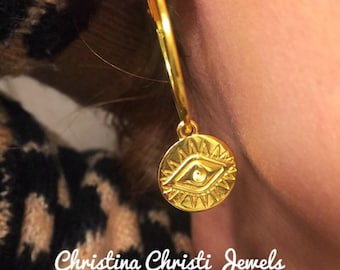 Gold Ohrringe, Evil Eye Ohrringe, Creolen, griechischen Schmuck
