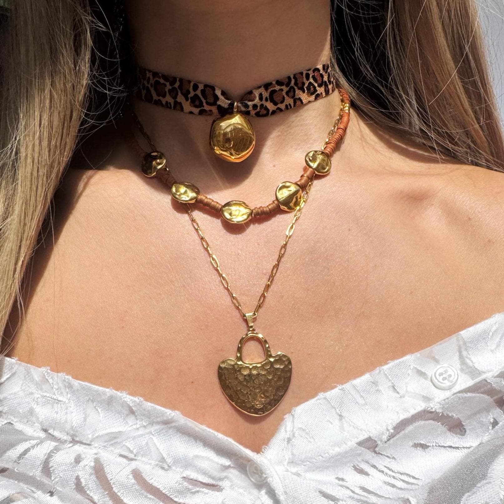 Layered Boho Necklace Set, Gold Heart Locket Pendant, Women Layers, Made in Greece