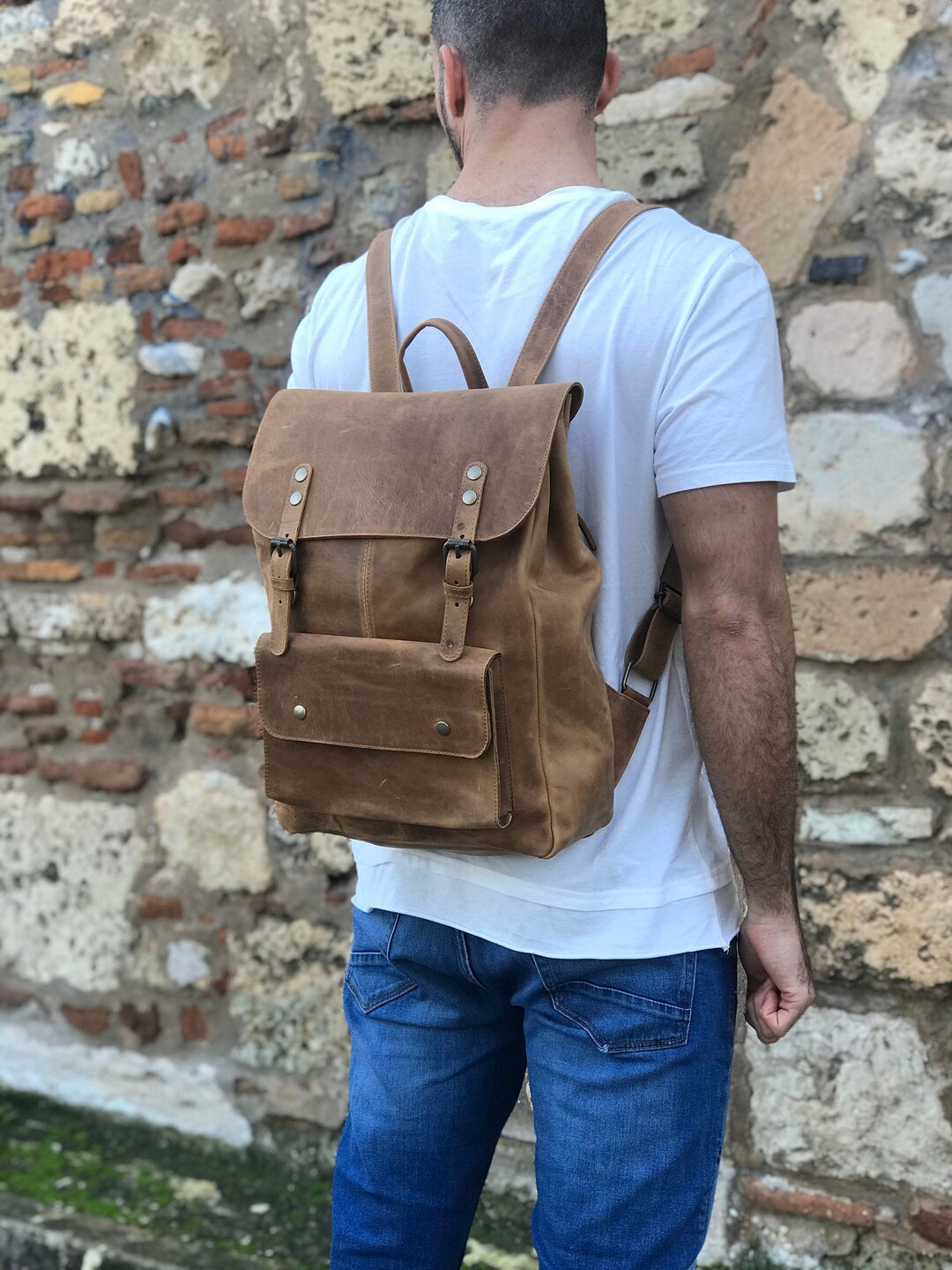 Mochila de cuero marrón encerado hecha a mano: mochila extragrande