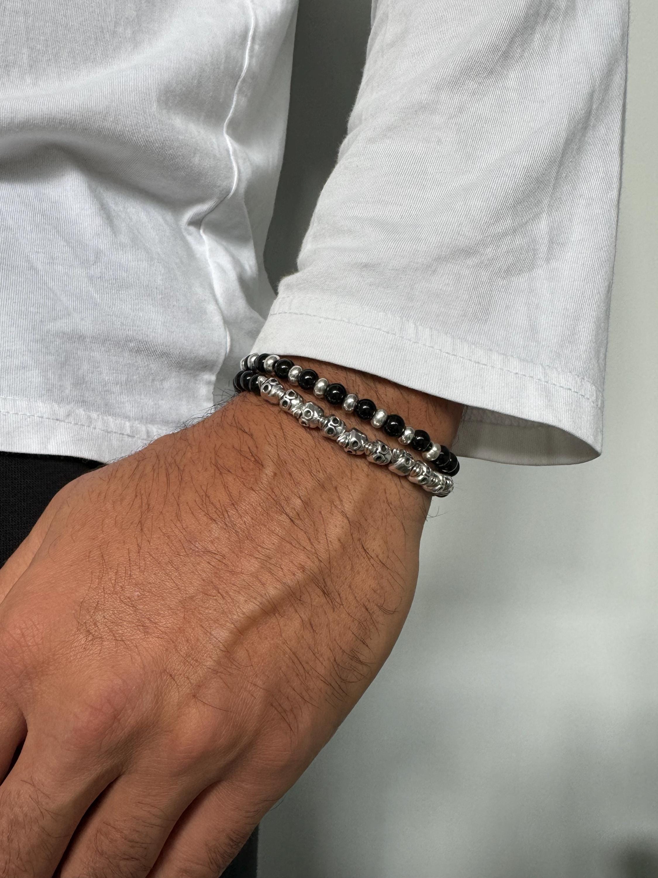 メンズブレスレット、黒ビーズブレスレット、スカルブレスレット 