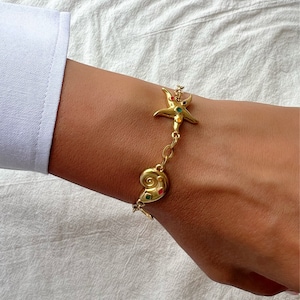 Gold Summer Bracelet, Beach Bracelet, Shell Bracelet, Starfish Bracelet, Beach Jewelry, Gift for Her, Made from Stainless Steel.