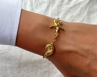 Gold Summer Bracelet, Beach Bracelet, Shell Bracelet, Starfish Bracelet, Beach Jewelry, Gift for Her, Made from Stainless Steel.