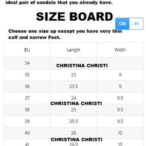 May include: Size chart for women's sandals in European sizes, showing corresponding length and width measurements in centimeters. The chart includes the brand name Christina Christi.