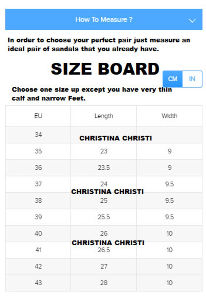 May include: Size chart for women's sandals in European sizes, showing corresponding length and width measurements in centimeters. The chart includes the brand name Christina Christi.