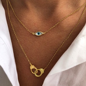 Evil Eye Necklace, Gold Necklaces , Evil Eye Charm, Handcuffs Necklace, Handcuffs Pendant, Evil Eye Jewelry, Made from Sterling Silver 925. image 3