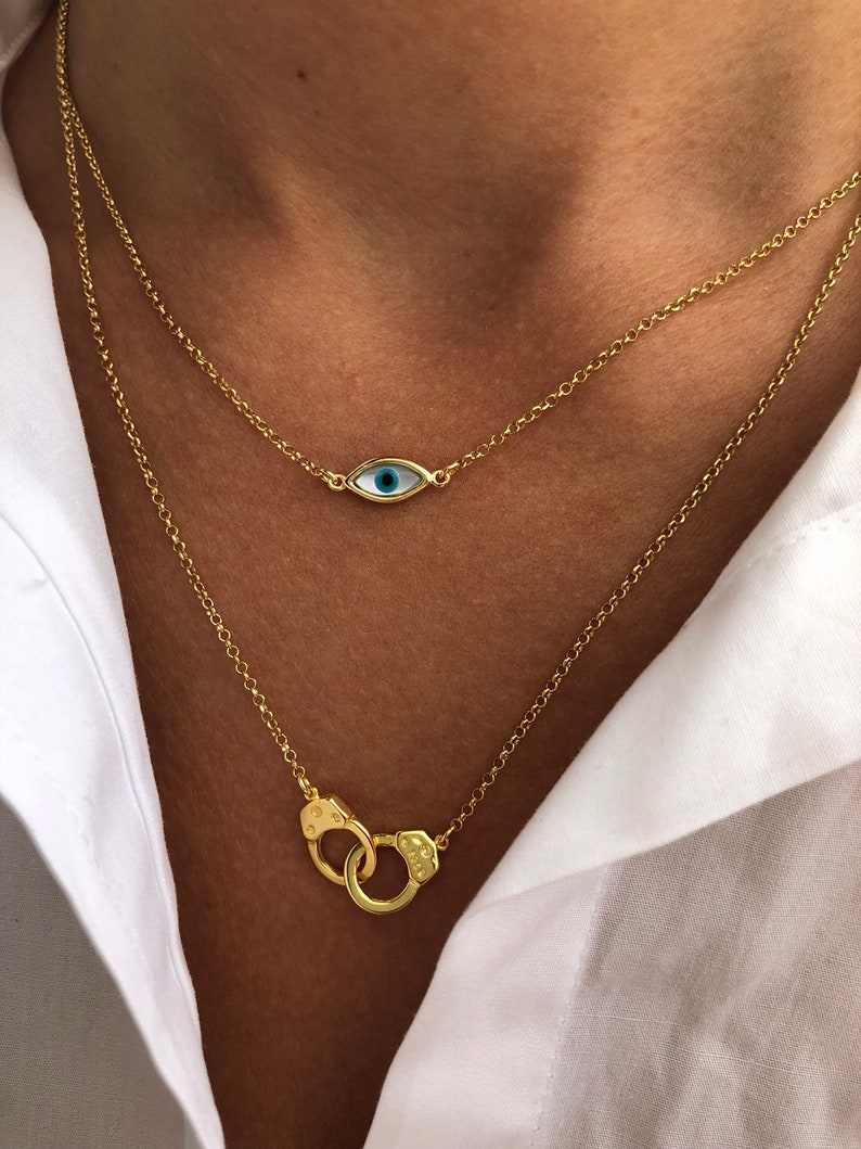 Evil Eye Necklace, Gold Necklaces , Evil Eye Charm, Handcuffs Necklace, Handcuffs Pendant, Evil Eye Jewelry, Made from Sterling Silver 925. image 3