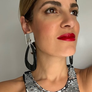 Dark Handmade Dangle Earrings Clip On, Plexiglass Mirror Drop Earrings, Long Earrings Night Out, Unpierced Ears, Gift for Her.