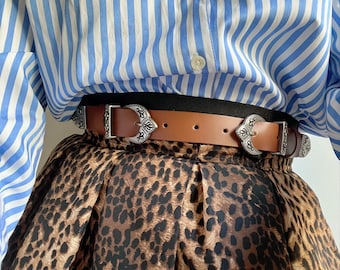 Ceinture fine femmes, ceinture en cuir marron, ceinture à boucles argentées, ceinture minimale, ceinture pour femmes, cadeau pour elle, fabriquée à partir de vrai cuir authentique - Western