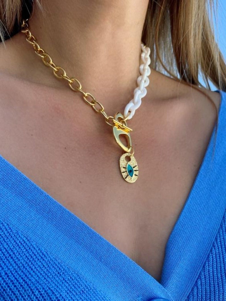 White Acrylic Chain Necklace Evil Eye Necklace Summer Clay Etsy
