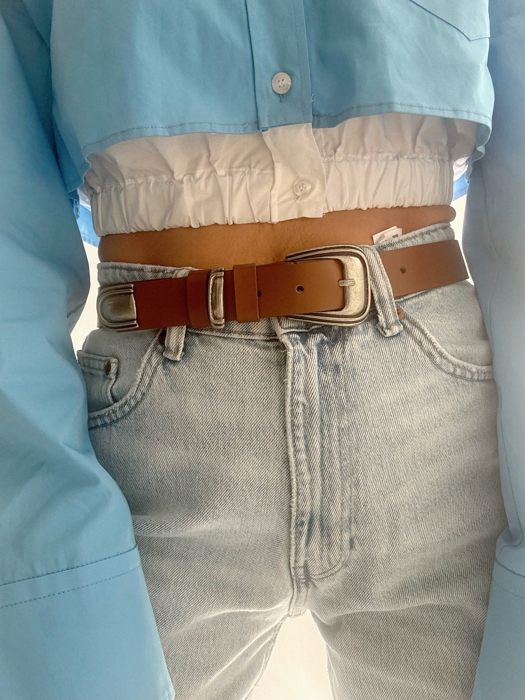 Brown Belt Women, Silver Buckles, Waist Thin Belt, Real Genuine Leather Made in Greece.