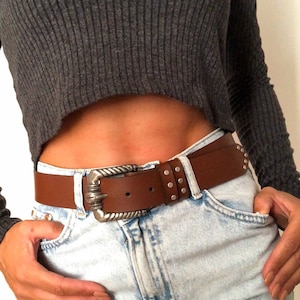Brown Leather Belt: Handmade Women&#39;s Belt with Silver Buckle