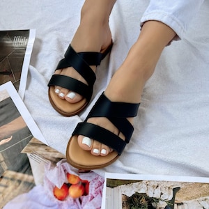 Leather Slide Sandals for Women, Handmade Greek Sandals, Flat Summer Shoes, Real Leather Slides, Comfortable Vacation Sandals
