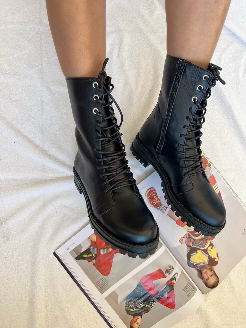 Black Leather Combat Boots Women Winter Boots Black Boots Etsy