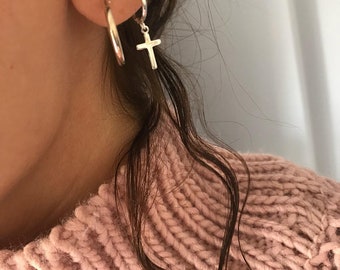 Silver Cross Earrings, Cross Hoop Earrings, Silver Earrings, Minimal Earrings, Tiny Hoops, Silver Hoops, Made from Sterling Silver 925.