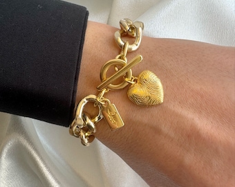 Pulsera de corazón grueso de oro, encanto del corazón, pulsera de cadena de oro, pulsera de amor, encanto de amor mujeres, regalo para ella, hecho en Grecia.