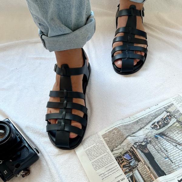 Black Leather Sandals Men, Gladiator Sandals, Men Sandals, Greek Sandals, Summer Shoes, Gift for Him, Soft Pillow Sole, Made in Greece.