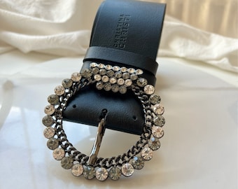 Handmade Belt, Black Leather Belt, Women Belt Buckle, Waist Belt, Wide Belt, Crystal Buckles.