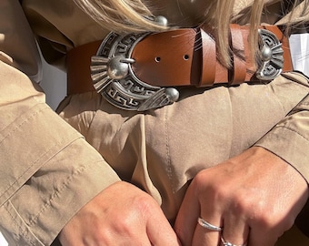 Brown Leather Belt, Wide Belt, Waist Belt, Large Silver Buckles Belt, Made in Greece
