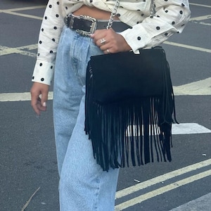 Handmade Black Suede Fringe Shoulder Bag – Boho Leather Crossbody with Chain Strap & Zipper, Gift for her | Christina Christi