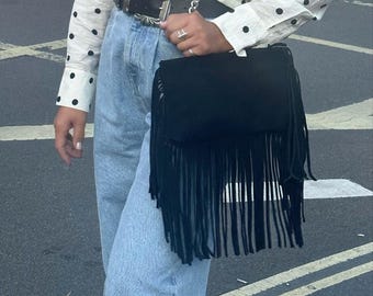 Suede Fringe Bag, Leather Shoulder Bag Women, Crossbody Bag, Boho Shoulder Purse, Chain Strap, Full Grain Leather, Gift for Her.