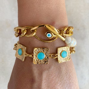 Chunky Chain Bracelet, Gold Dainty Bracelets, Evil Eye Bracelet, Beaded Bracelet, Gift for Her, Made in Greece.
