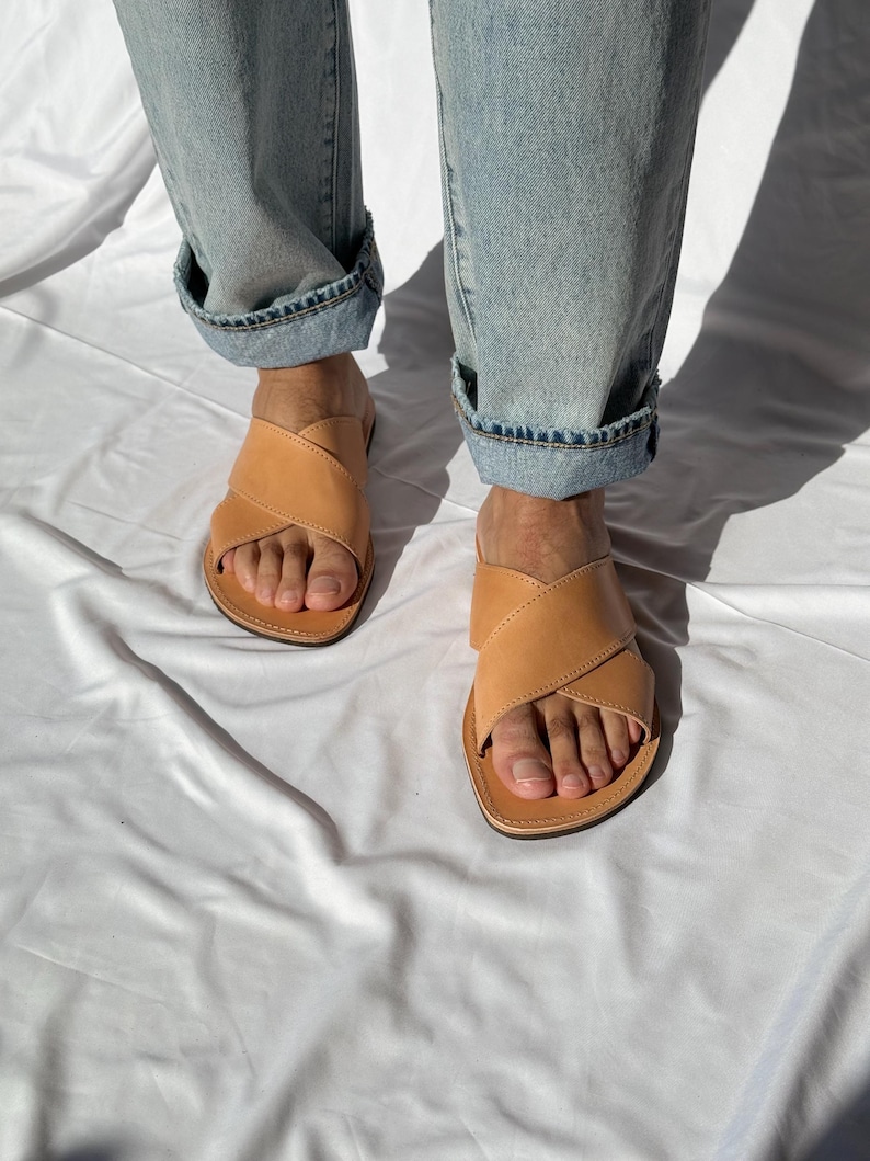 Mens Leather Sandals, X Sandals, Mens Sandals, Greek Slides, Men Summer Shoes. image 8