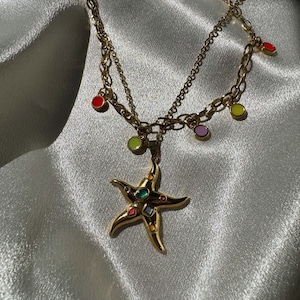 Gold Starfish Necklace, Stainless Steel Necklace, Gold Stones Neckalce, Layerings Necklaces, Beach Necklace, Gift for Her, Made in Greece. zdjęcie 9