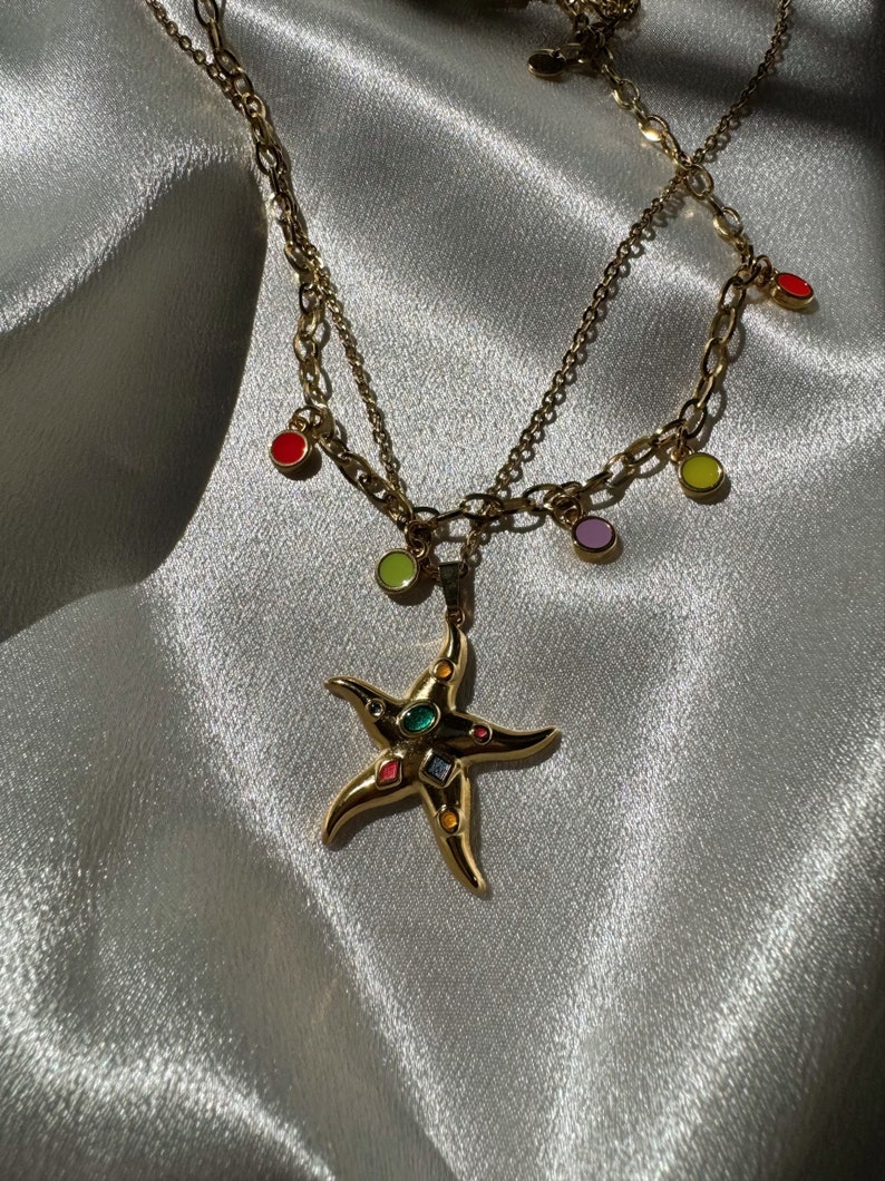 Gold Starfish Necklace, Stainless Steel Necklace, Gold Stones Neckalce, Layerings Necklaces, Beach Necklace, Gift for Her, Made in Greece. zdjęcie 9