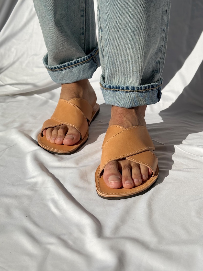 Mens Leather Sandals, X Sandals, Mens Sandals, Greek Slides, Men Summer Shoes. image 10