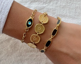 Gold Beaded Discs Bracelet, Evil Eye Bracelet, Gold Bracelet, Enamel Bracelet, Gift for Her, Made in Greece.