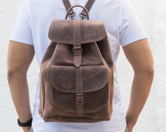 Bolso de cuero para hombre, mochila de cuero marrón encerado, mochila de cuero tipo bandolera, mochila de viaje, bolso para portátil.