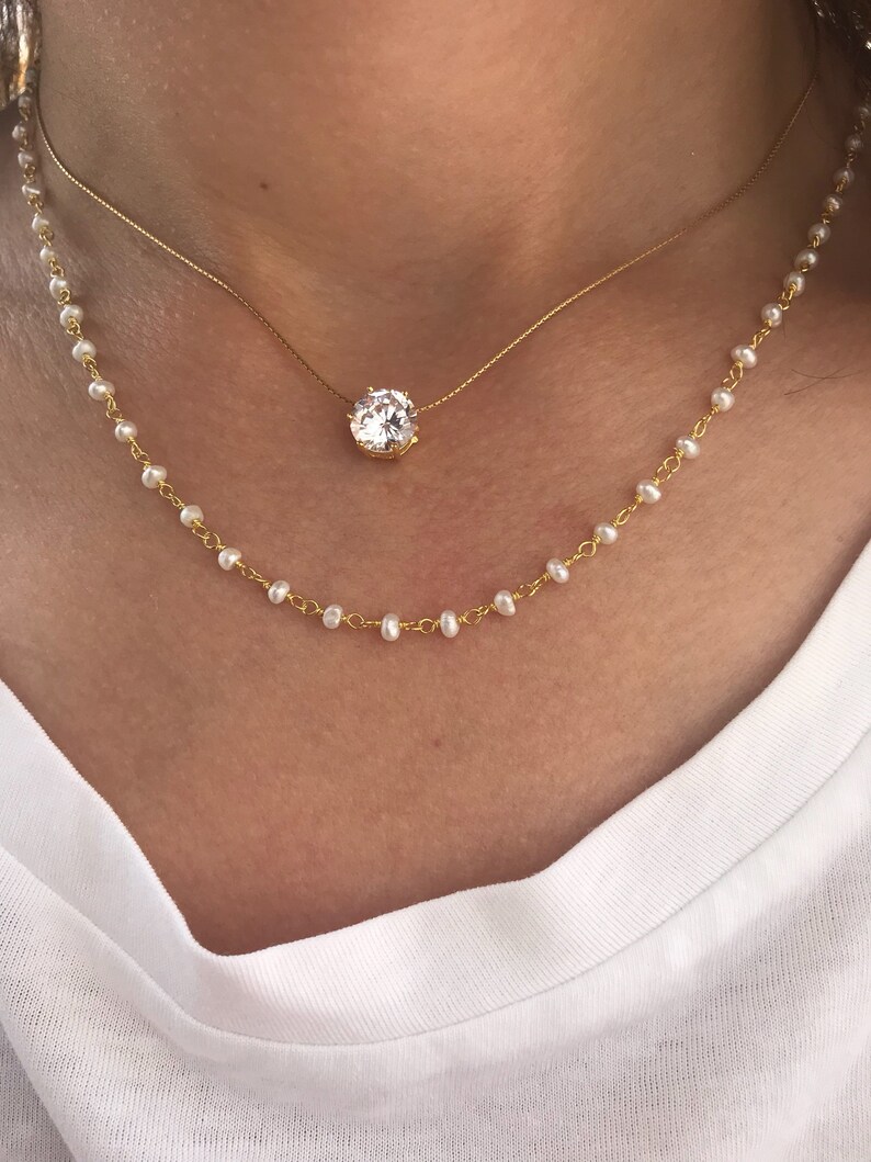 Layer Necklaces Crystal Pendant White Beaded Necklace Etsy