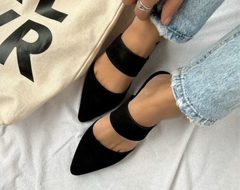 Black Mules, Suede Leather Mules, Summer Sandals, Women's Summer Slides, Strappy Shoes.