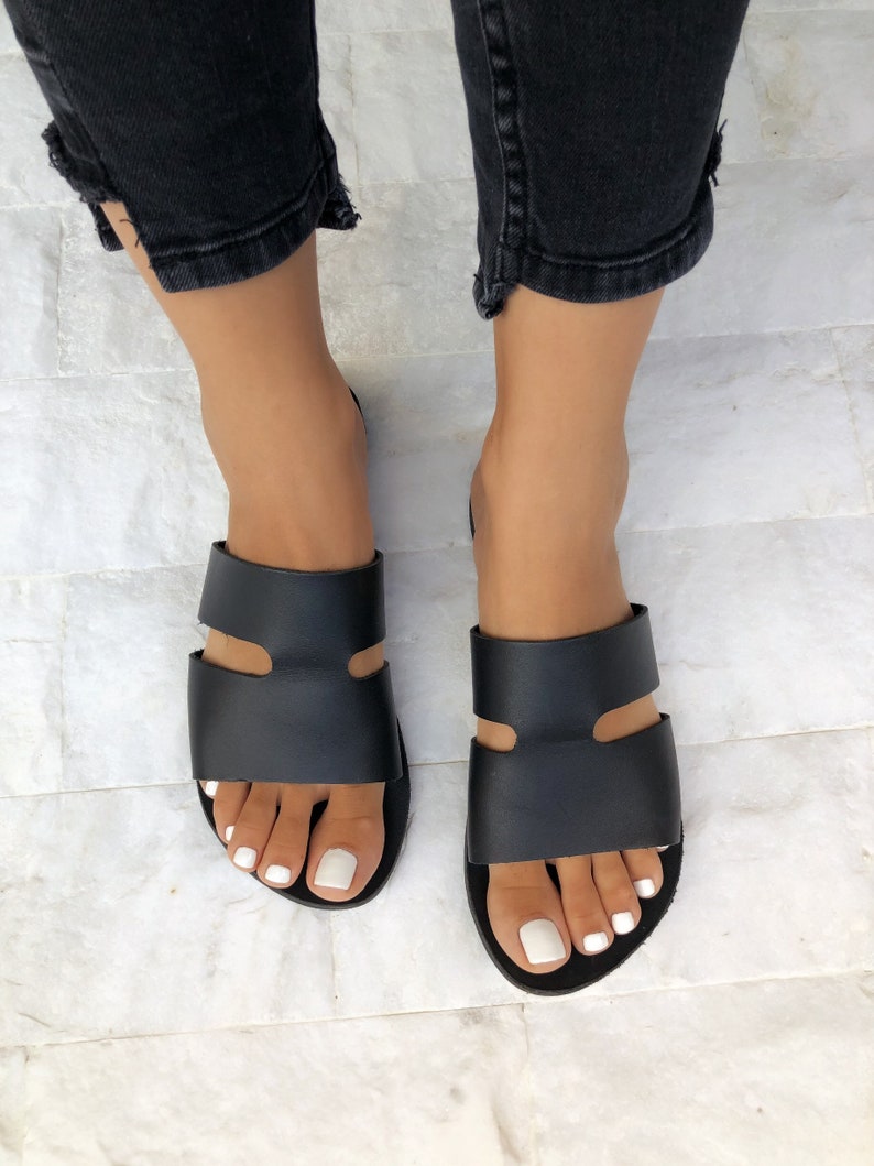 black leather womens sandals