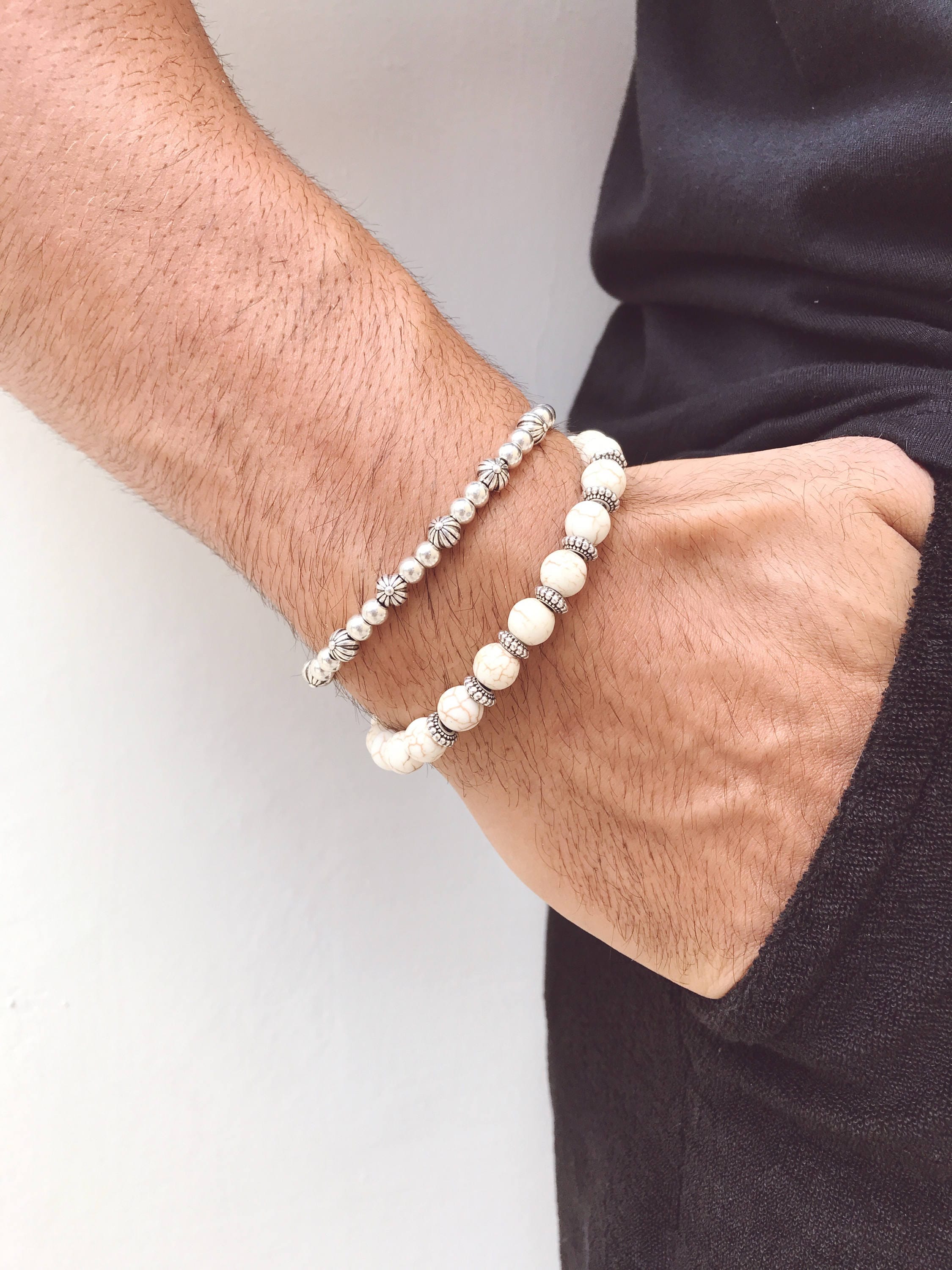Mens white beaded bracelet sale